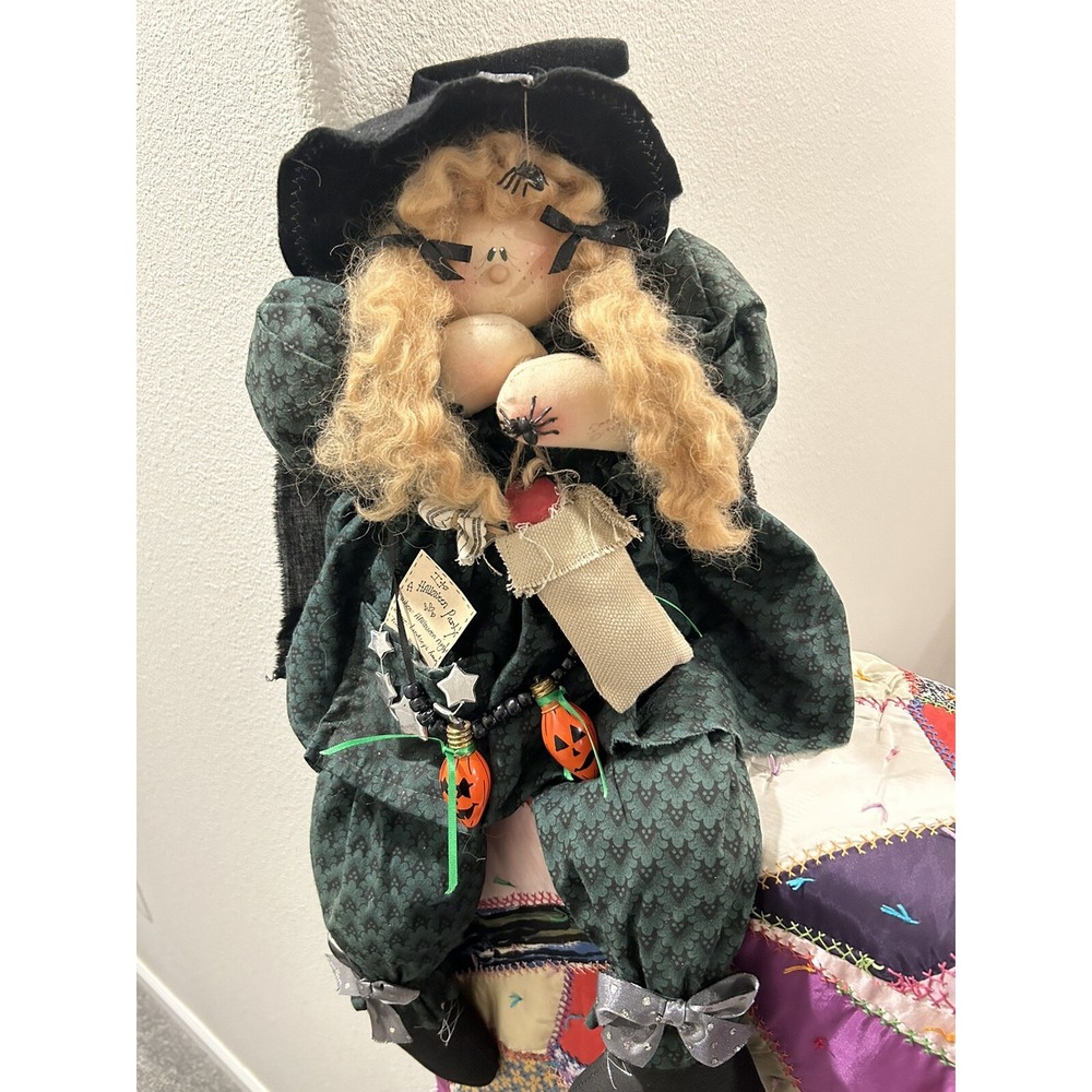 Vtg‎ 90s Halloween Blonde Witch Stuffed Doll Shelf Sitter Decor 23" Handmade USA
